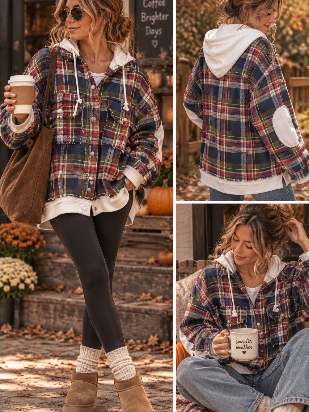 Plaid Hooded Button-Up Shacket Jacket - Blue Multi